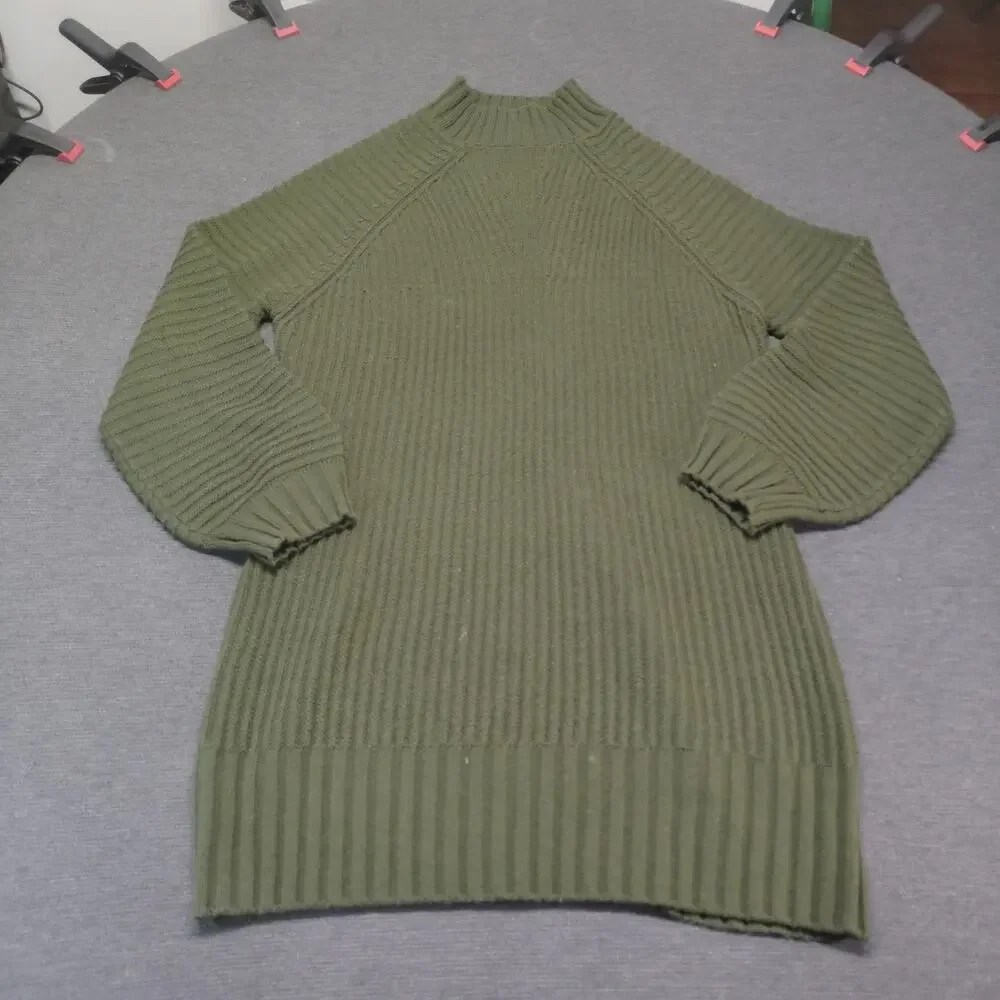 LILLUSORY Sweater Dress Womens M Olive Green Mock Neck Lantern Sleeve